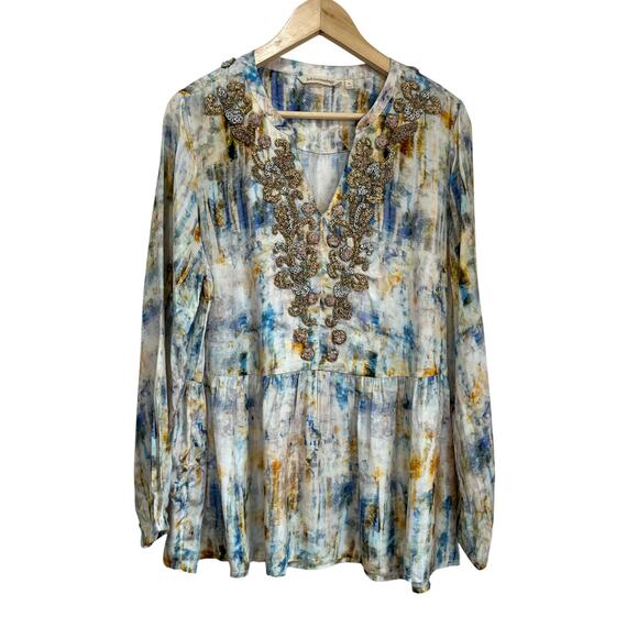 Soft Surroundings Embellished Peasant Top M Boho Floral Tunic Sparkle Beaded - Picture 1 of 10